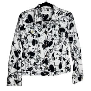 Escada Nautical Print White Denim Jacket Women's Sz 12 Gold Buttons‎ Luxury